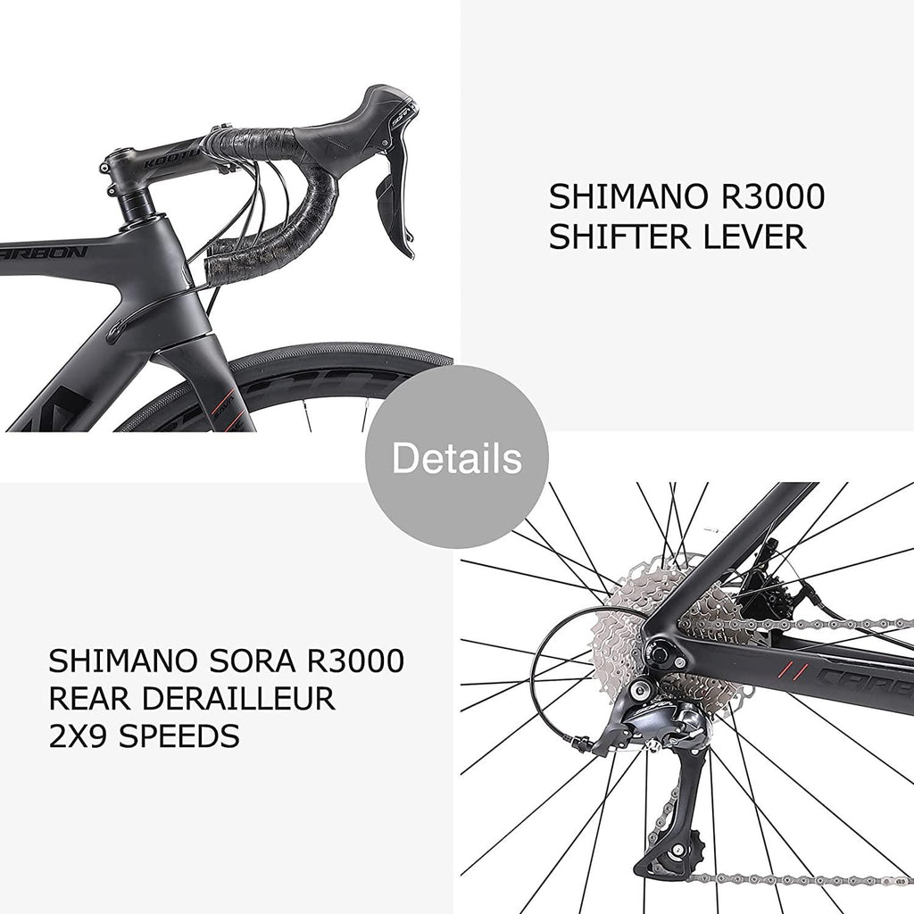 SAVADECK Carbon Fiber Road Bike, 700C Racing Road Bicycle with  SORA R3000 Derailleur System 18 Speed Disc Brake and Thru axle System Mens or Women Bike