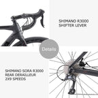 SAVADECK Carbon Fiber Road Bike, 700C Racing Road Bicycle with  SORA R3000 Derailleur System 18 Speed Disc Brake and Thru axle System Mens or Women Bike