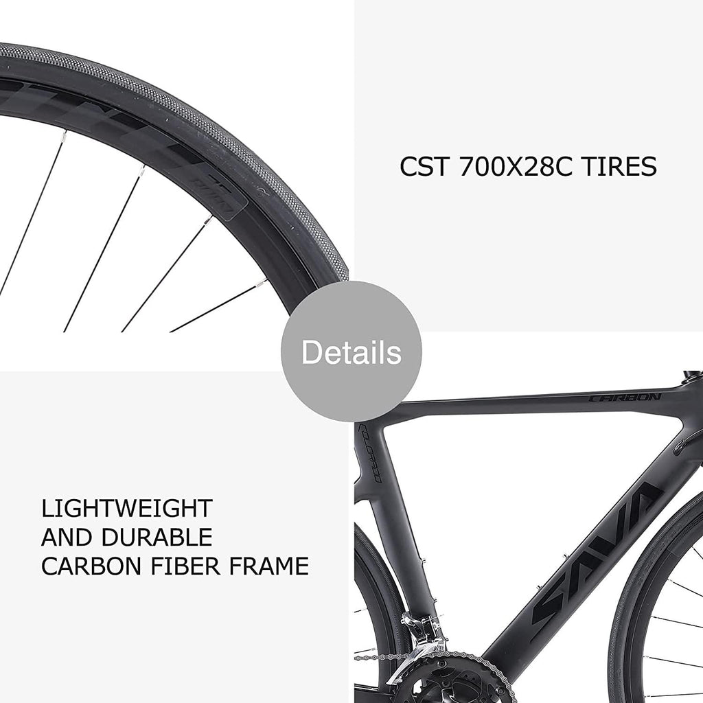 SAVADECK Carbon Fiber Road Bike, 700C Racing Road Bicycle with  SORA R3000 Derailleur System 18 Speed Disc Brake and Thru axle System Mens or Women Bike