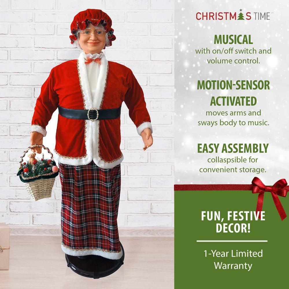 58 in. Christmas Dancing Mrs. Claus with Tartan Skirt and Gift Basket