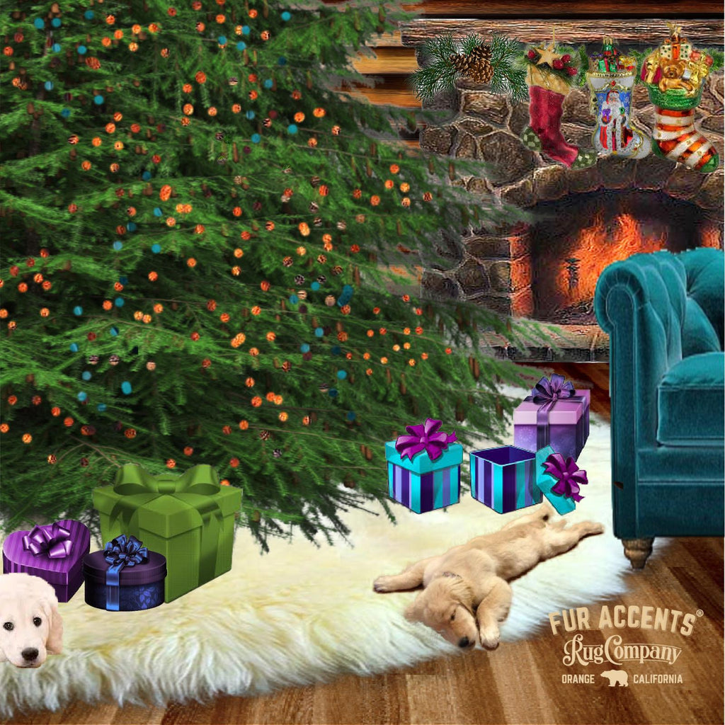 Traditional White Round Christmas Tree Skirt, Sheepskin Skin, Shag, Faux Fur