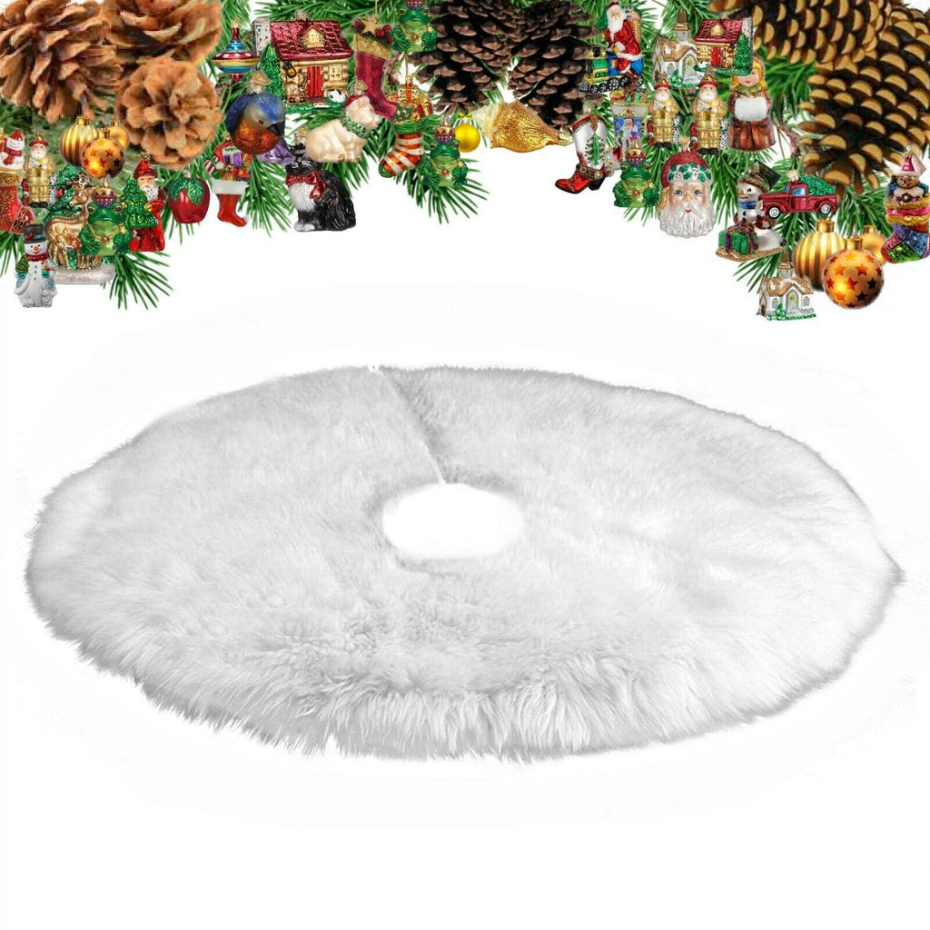 Traditional White Round Christmas Tree Skirt, Sheepskin Skin, Shag, Faux Fur