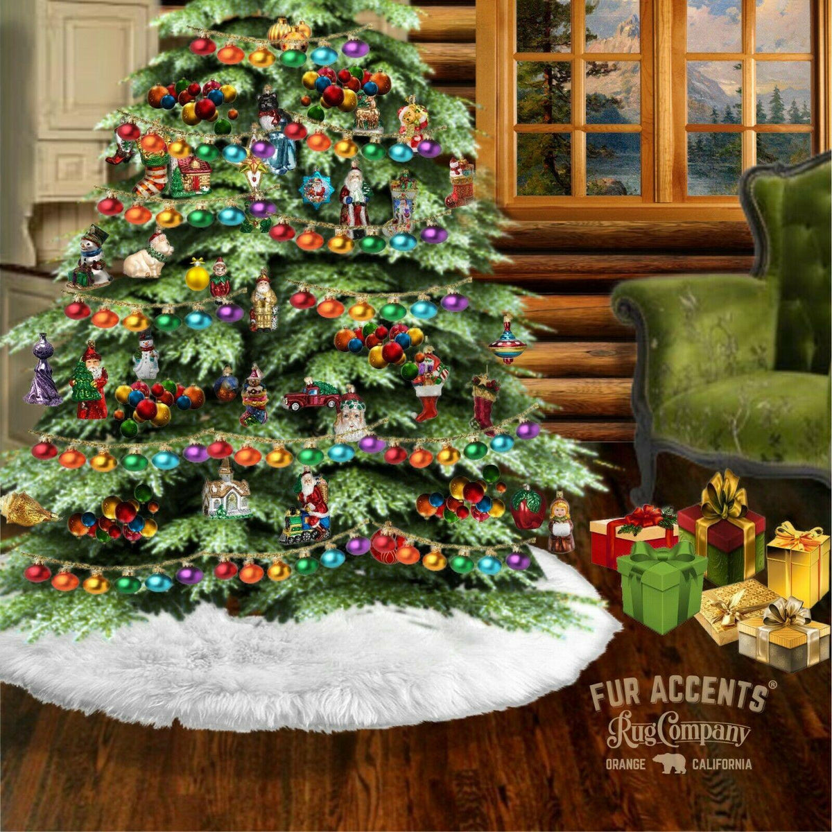 Traditional White Round Christmas Tree Skirt, Sheepskin Skin, Shag, Faux Fur