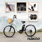 Trekpower 26" Electric Bike 6 Speed Electric Bikes for Adults 350W High Speed Ebike City Electric Bicycle with 36V10AH Removable Lithium Battery, White