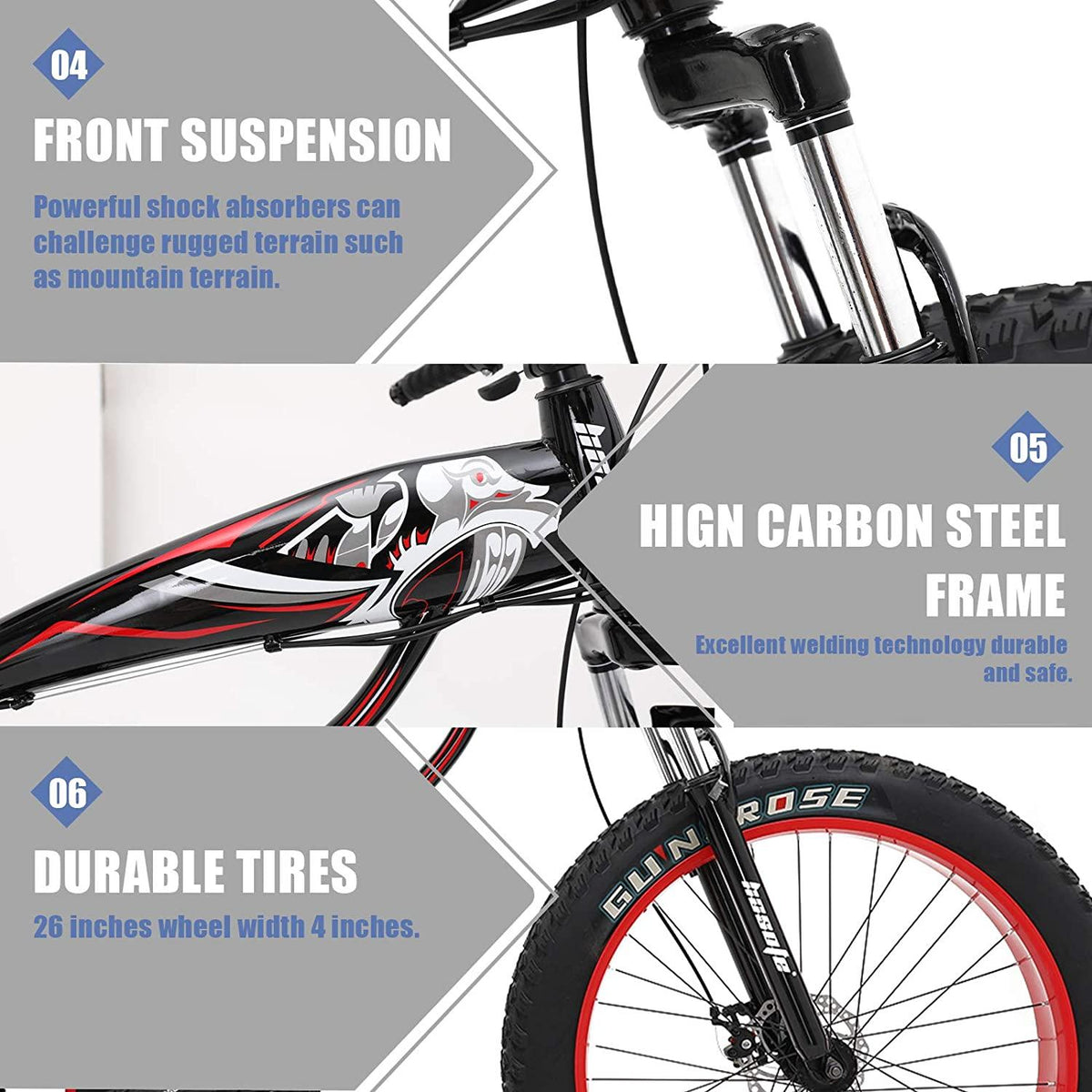 hosote Fat Tire Mens Mountain Bikes, 26 inch Wheels 7/21 Speed Snow Bike Beach Bike, High-Tensile Carbon Steel Frame