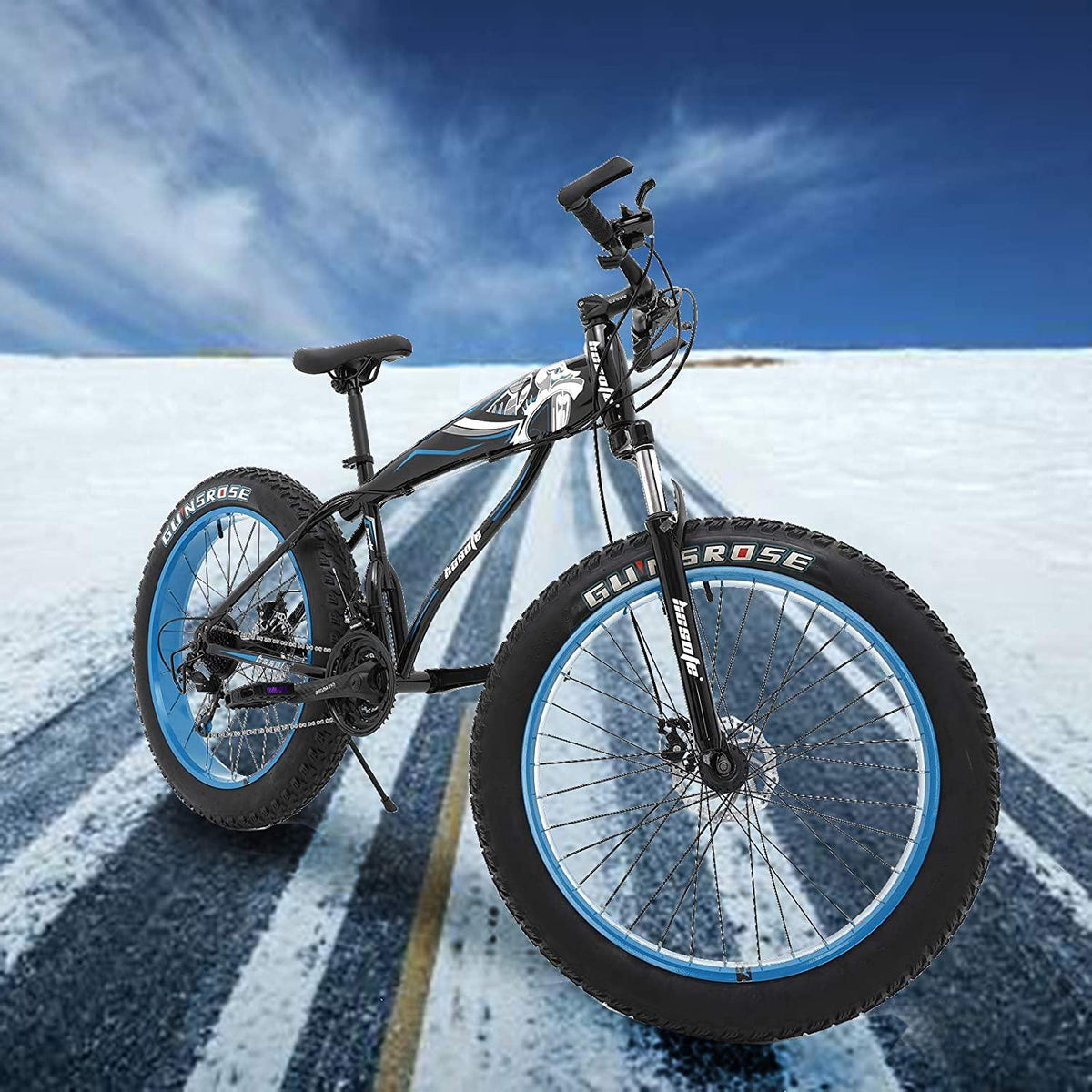 hosote Fat Tire Mens Mountain Bikes, 26 inch Wheels 7/21 Speed Snow Bike Beach Bike, High-Tensile Carbon Steel Frame