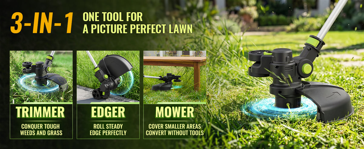 20V Cordless String Trimmer, 2.0Ah Battery Powered with Fast Charger, 12'' Grass Cutter with Auto Line Feed, 3-in-1 Electric Lawn Mower Grass Trimmer &amp; Edger Lawn Tool with 8 Lines for Yard, Garden