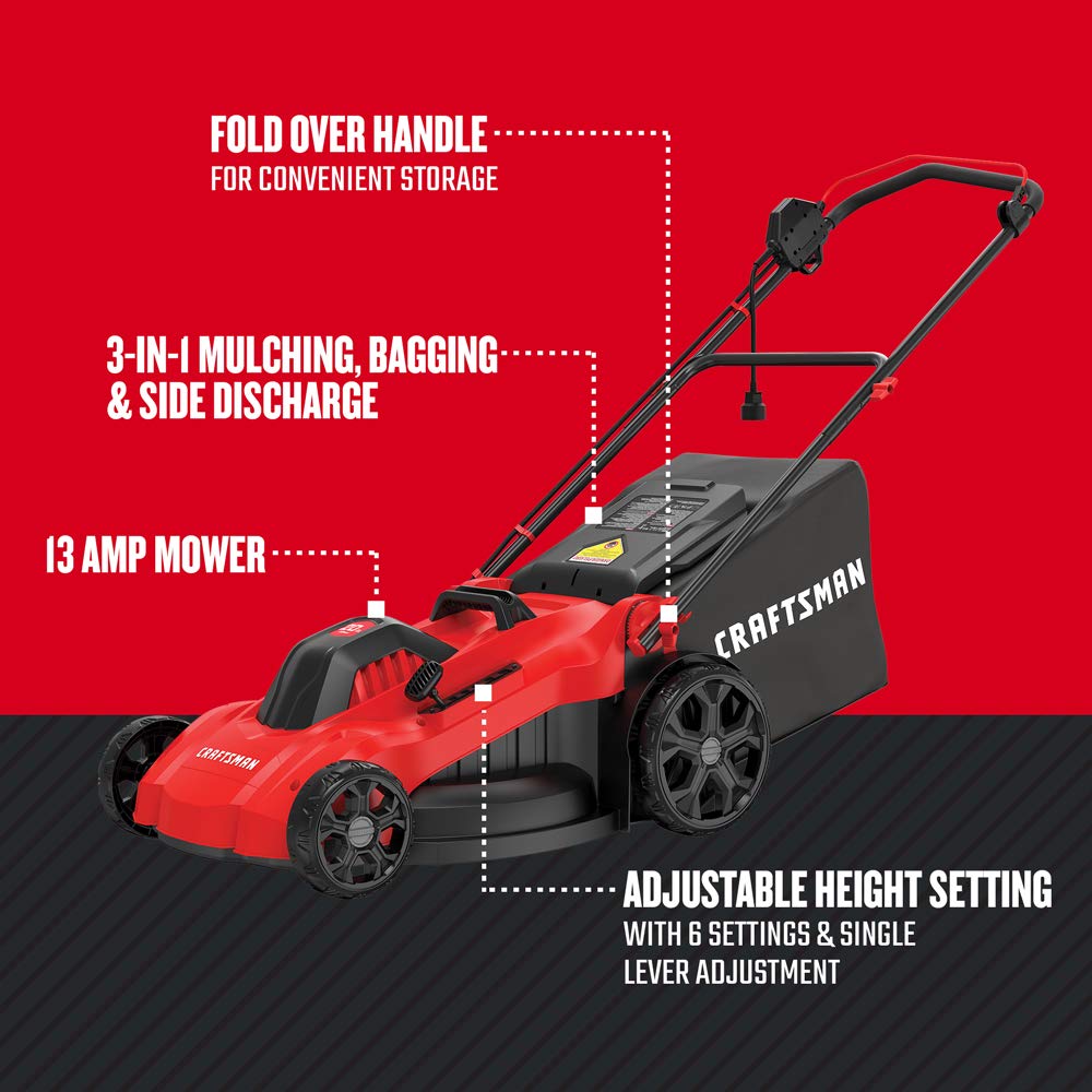 Electric Push Lawn Mower, 20-Inch Deck, Corded, Powerful 13-AMP Motor, 6 Setting Height Adjustment, Winged Blades, 3 in 1 Bagging, Mulching and Dischar(CMEMW213)