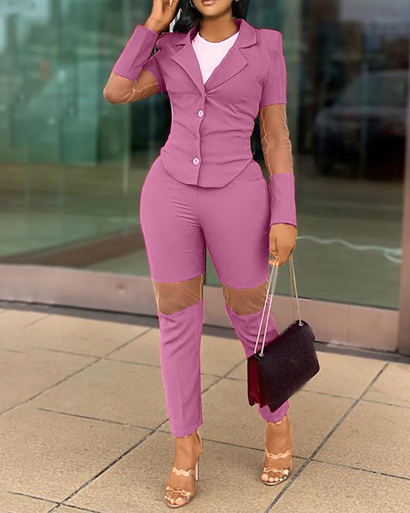 sheer mesh buttoned blazer coat &amp; pants sets