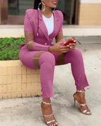 sheer mesh buttoned blazer coat &amp; pants sets
