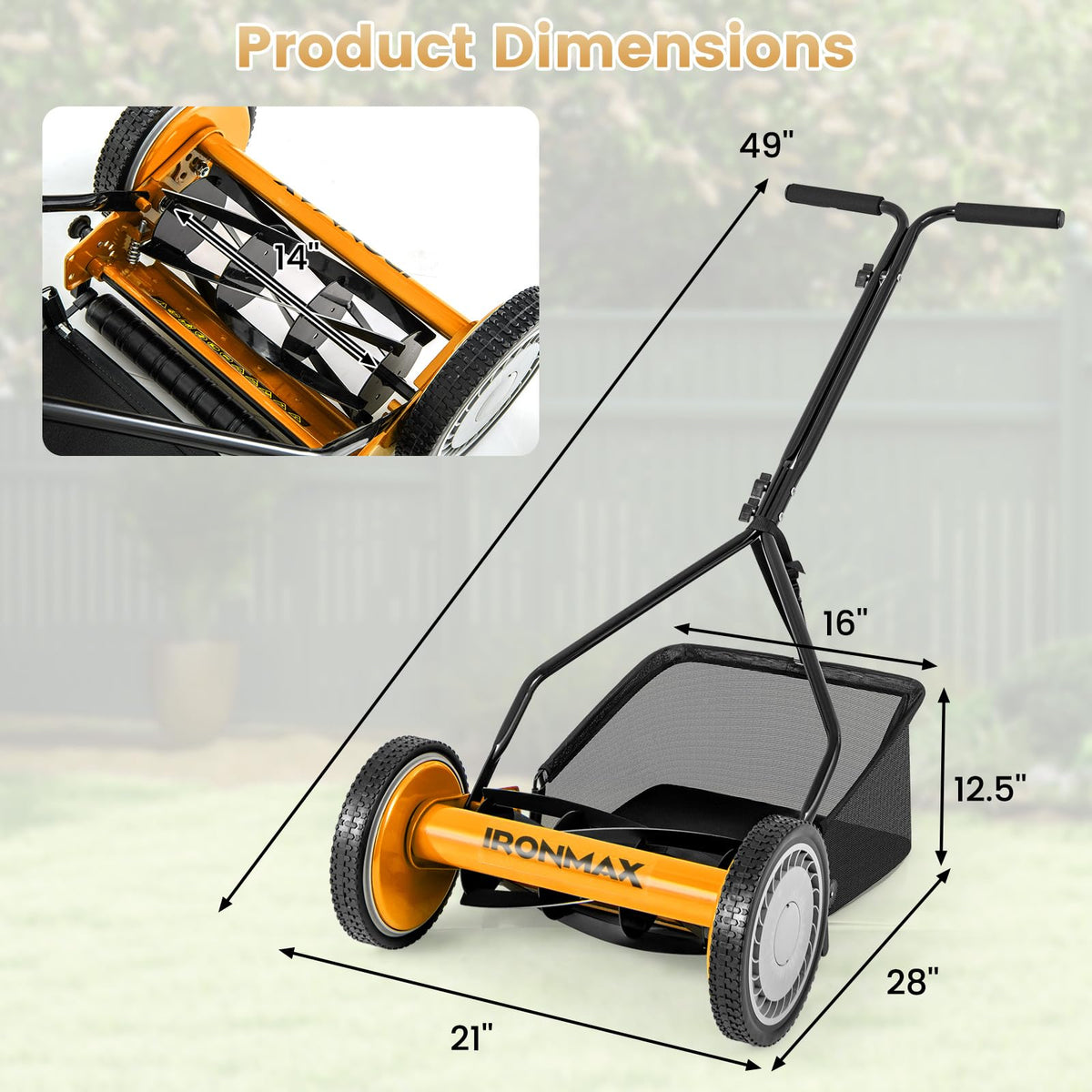 Manual Lawn Mower, 14 Inch 5-Blade Walk-Behind Cordless Grass Cutter with 7 Gallon Removable Grass Collect Bag, Adjustable Cutting Heights, Push Reel Lawn Mower for Yard, Garden