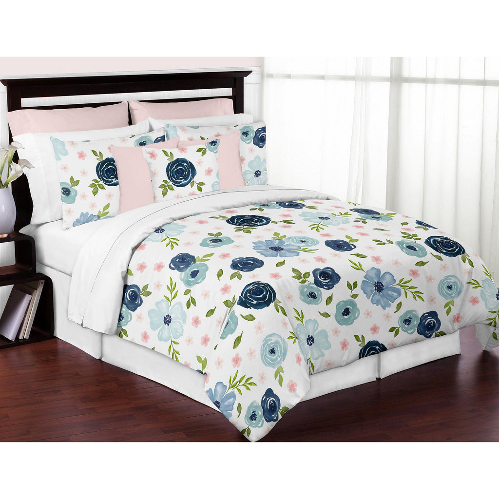 Pink Blue Watercolor Floral Full Queen Comforter Set by Sweet Jojo s