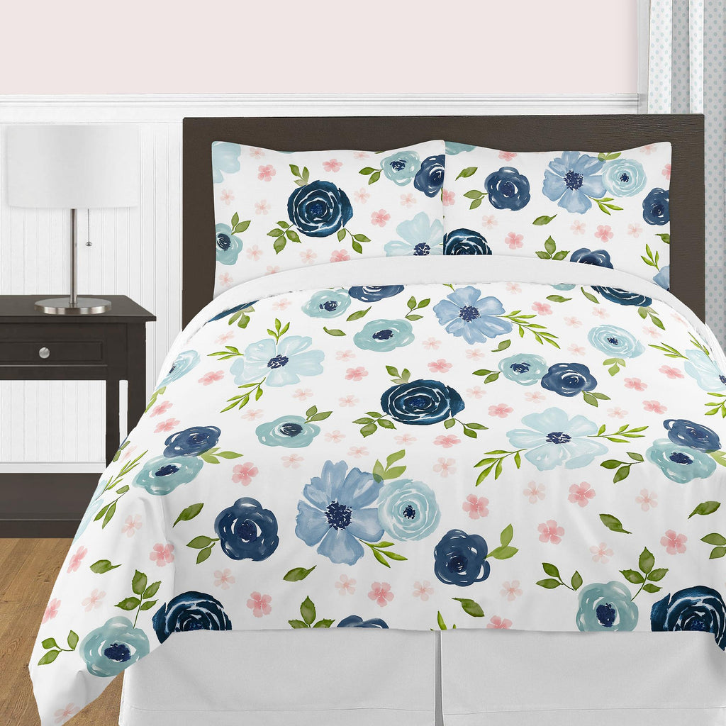 Pink Blue Watercolor Floral Full Queen Comforter Set by Sweet Jojo s