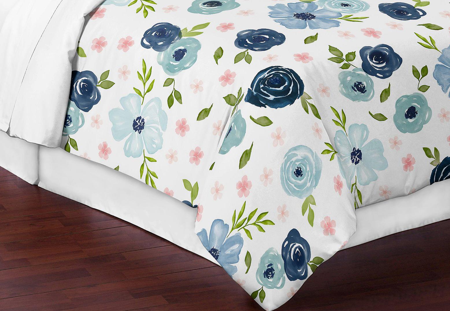 Pink Blue Watercolor Floral Full Queen Comforter Set by Sweet Jojo s