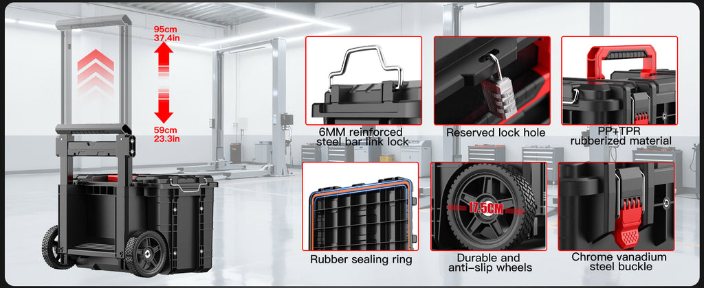 Rolling Tool Box with Wheels Heavy Duty,Modular Stackable Tool Box Organizer,Waterproof Toolbox for Hand/Power Tools,Removable Divider/Parts Box,All-terrain Durable Wheels,Telescopic Pull Rod Handle