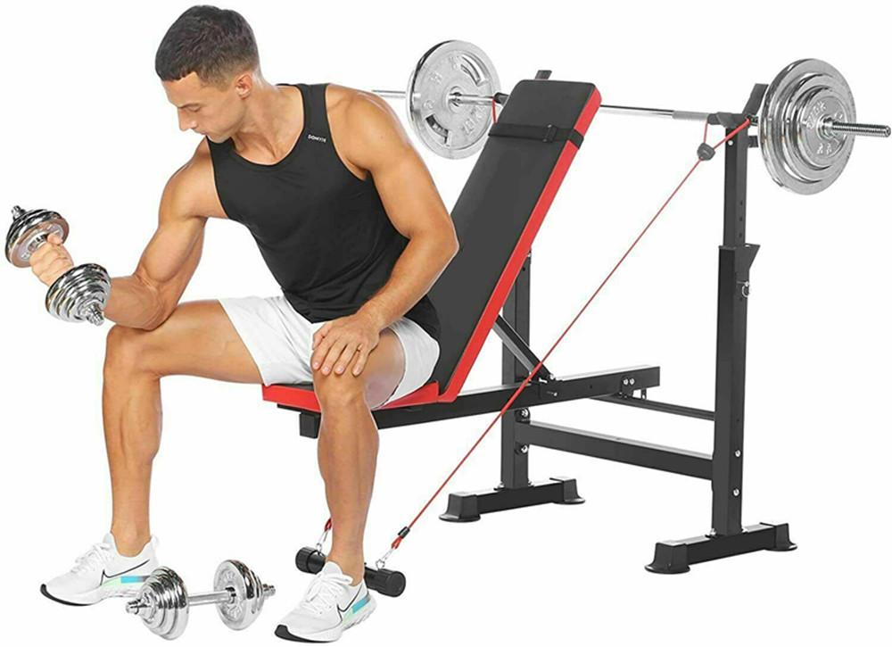 Folding Adjustable Weight Bench with Barbell Rack Set for Fitness Exercise and Strength Workout Black and Red