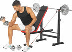 Folding Adjustable Weight Bench with Barbell Rack Set for Fitness Exercise and Strength Workout Black and Red