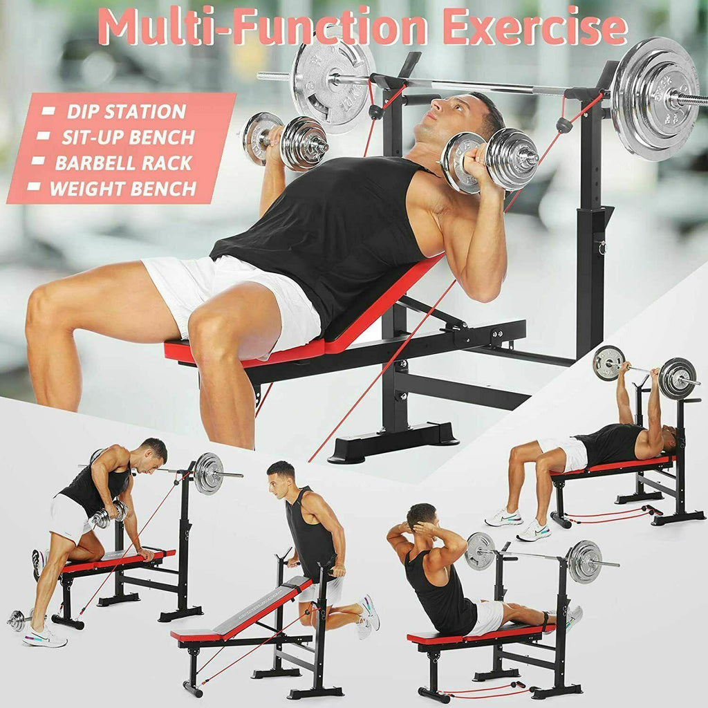 Folding Adjustable Weight Bench with Barbell Rack Set for Fitness Exercise and Strength Workout Black and Red