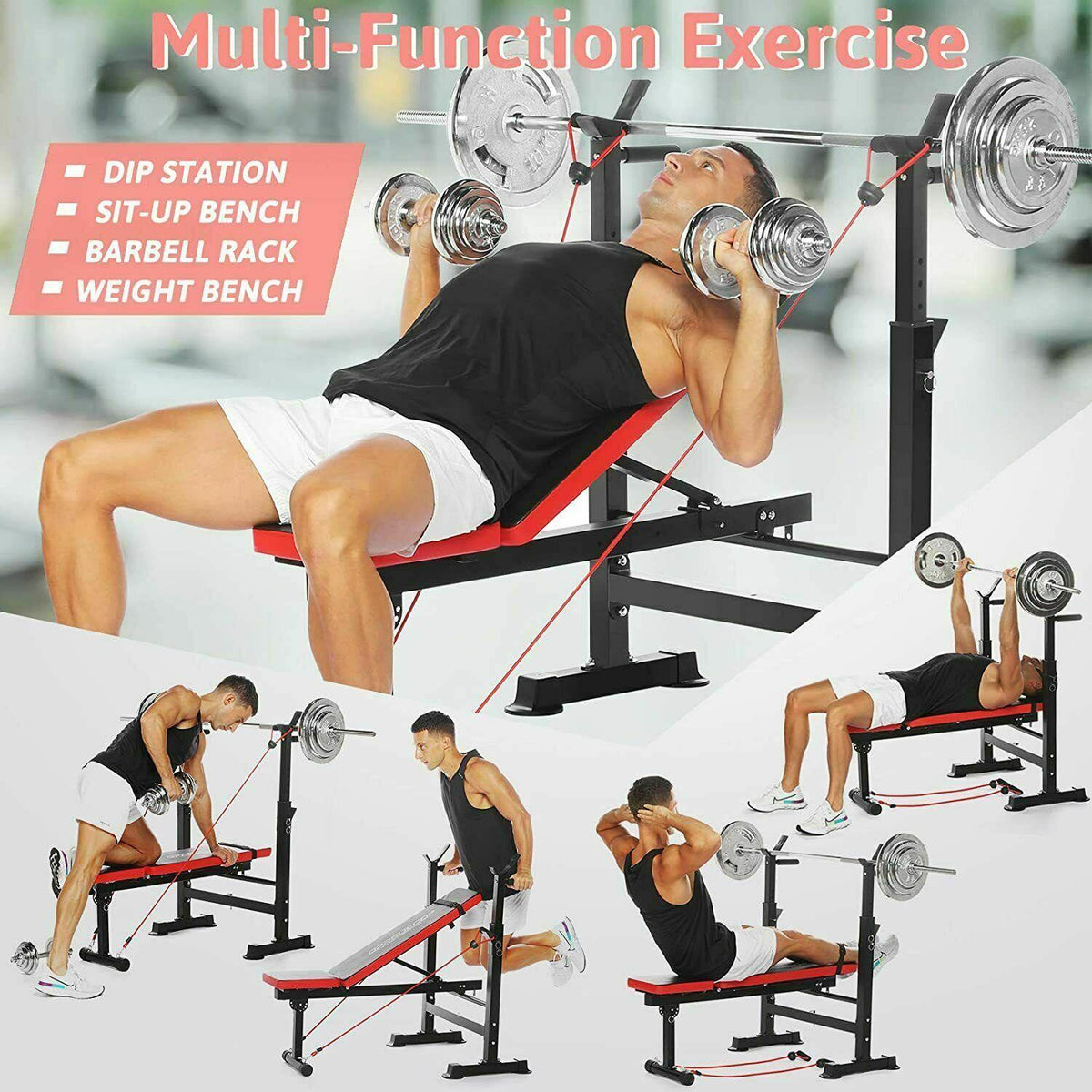 Folding Adjustable Weight Bench with Barbell Rack Set for Fitness Exercise and Strength Workout Black and Red