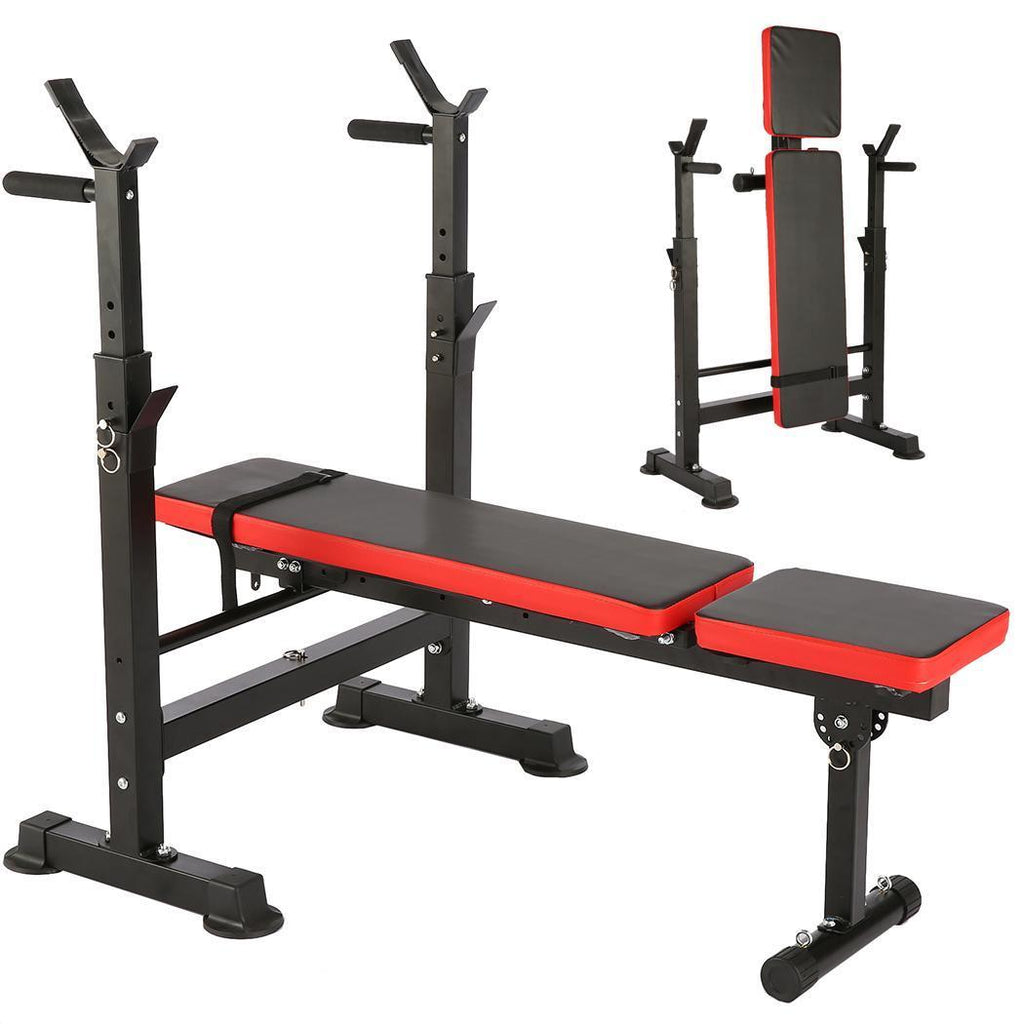 Folding Adjustable Weight Bench with Barbell Rack Set for Fitness Exercise and Strength Workout Black and Red