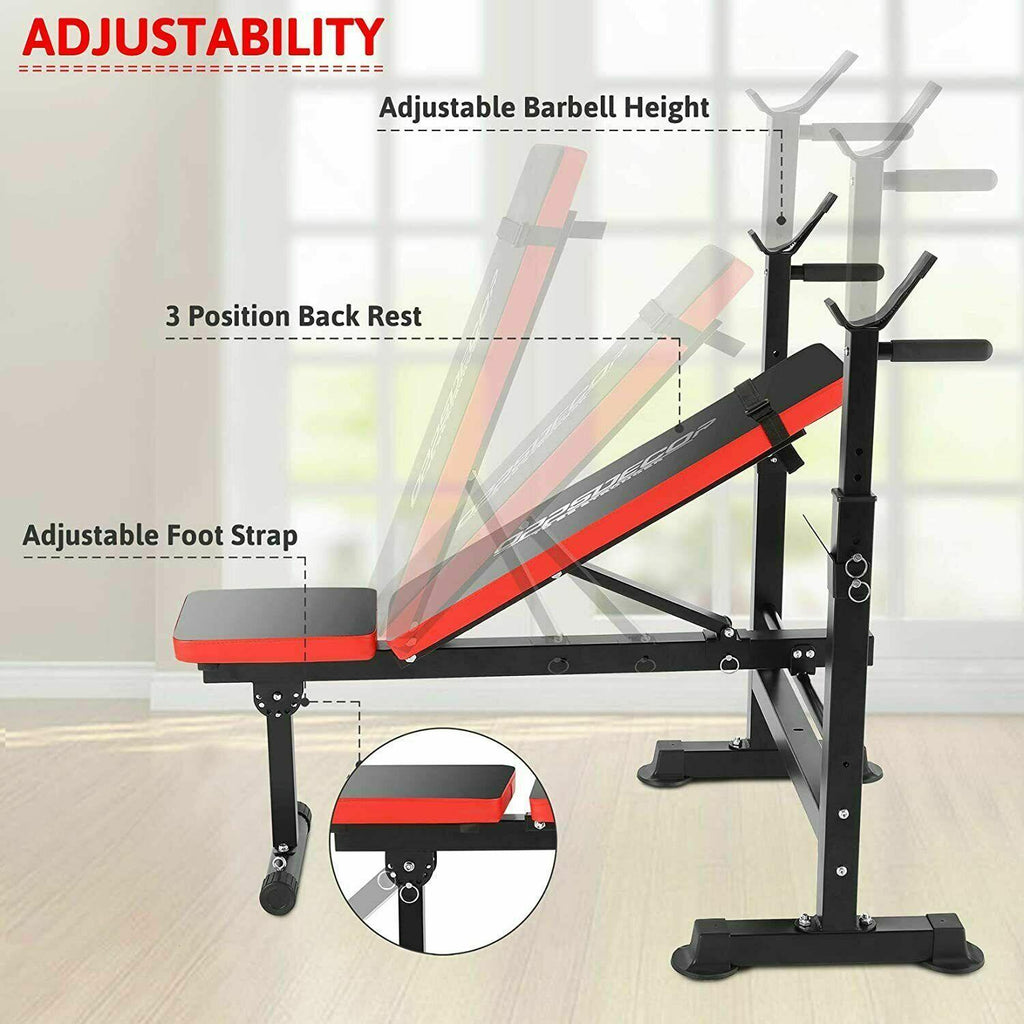 Folding Adjustable Weight Bench with Barbell Rack Set for Fitness Exercise and Strength Workout Black and Red