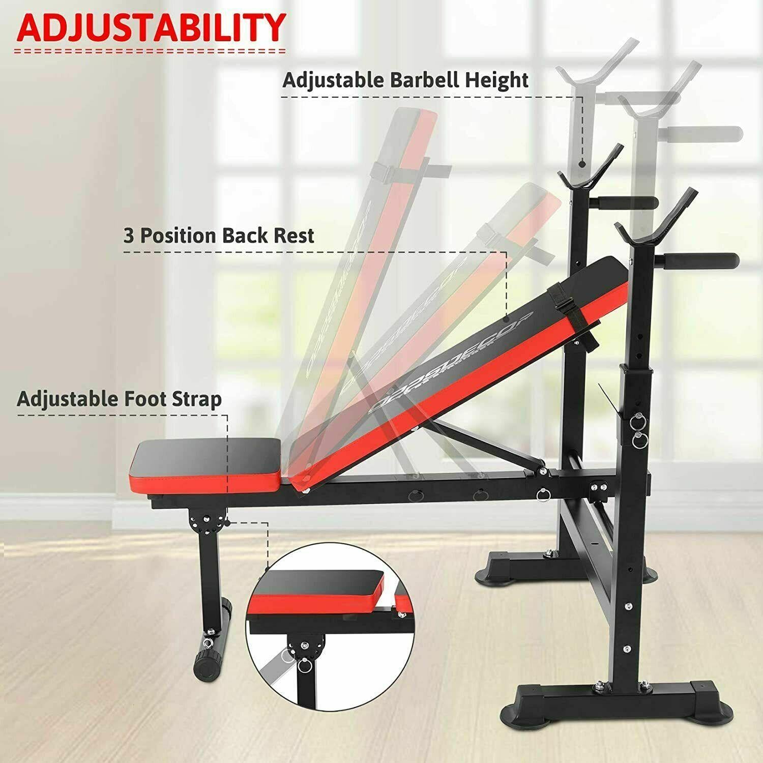 Folding Adjustable Weight Bench with Barbell Rack Set for Fitness Exercise and Strength Workout Black and Red