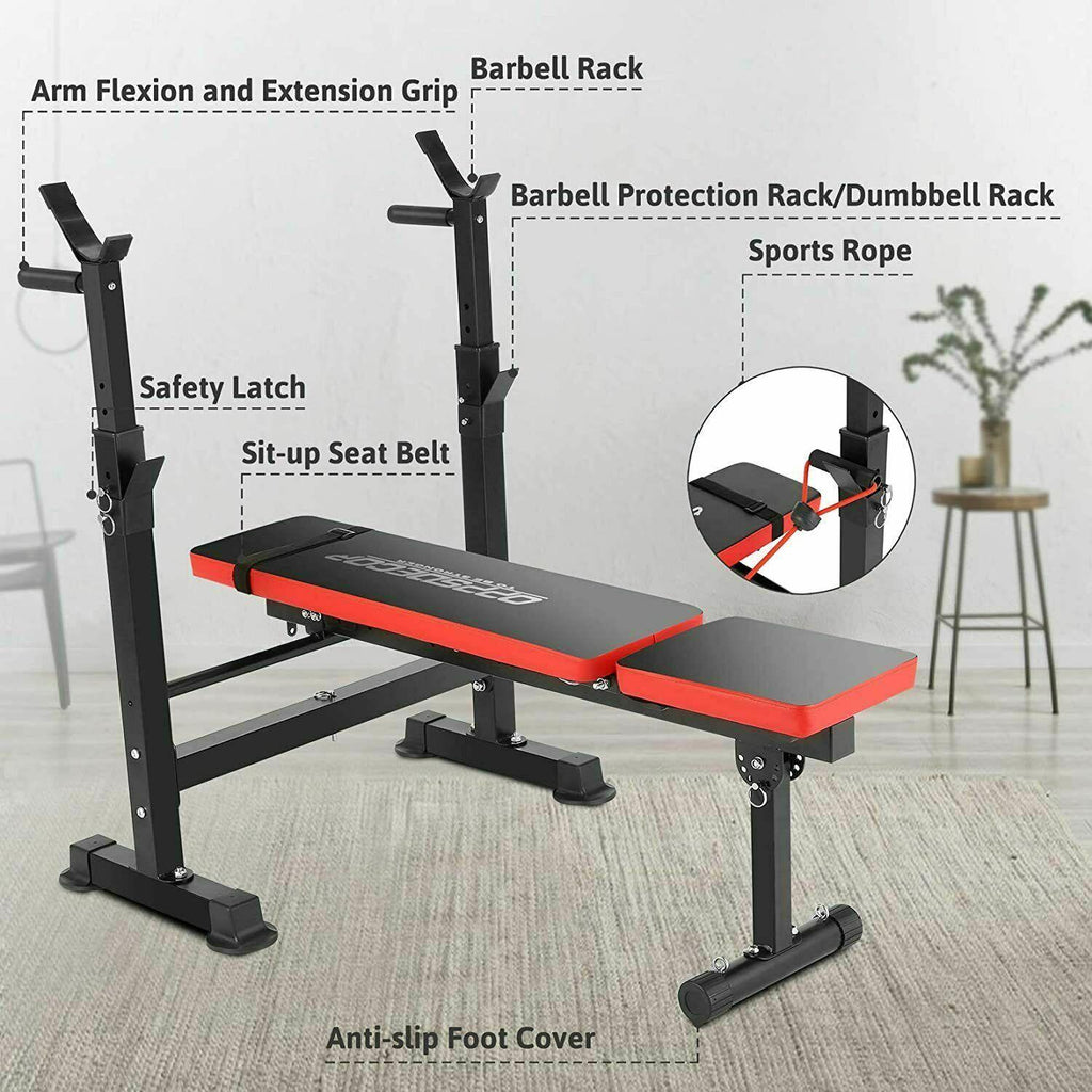 Folding Adjustable Weight Bench with Barbell Rack Set for Fitness Exercise and Strength Workout Black and Red