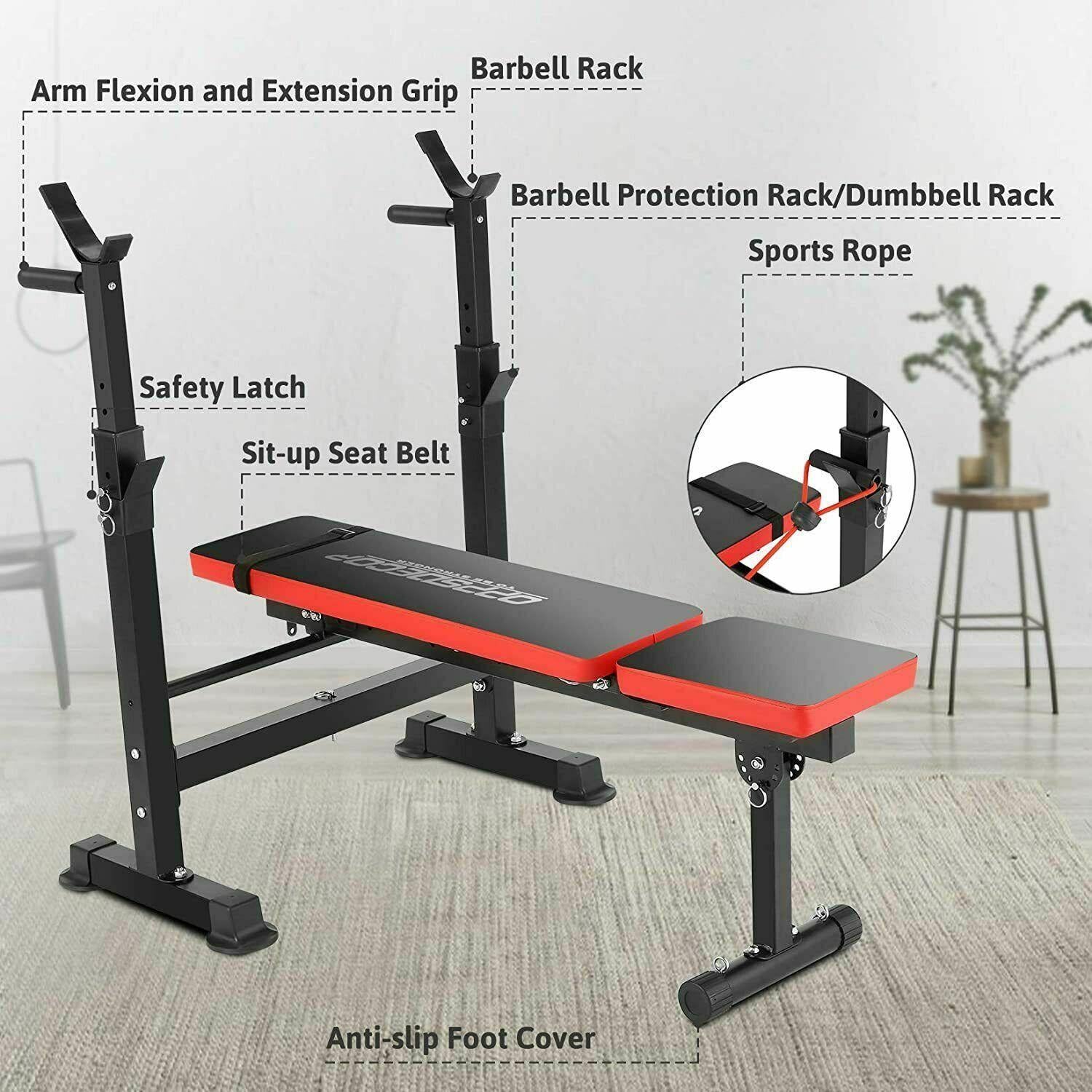 Folding Adjustable Weight Bench with Barbell Rack Set for Fitness Exercise and Strength Workout Black and Red