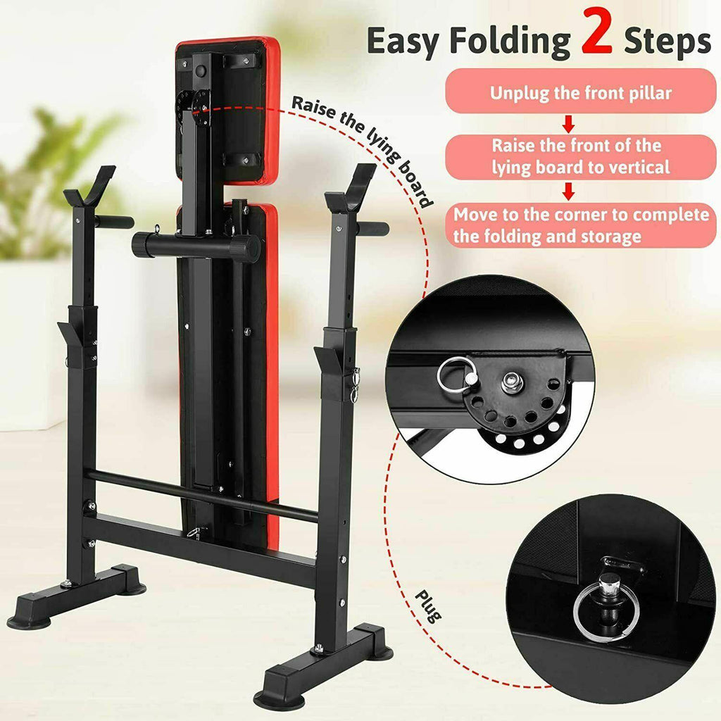 Folding Adjustable Weight Bench with Barbell Rack Set for Fitness Exercise and Strength Workout Black and Red