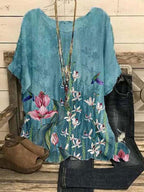 Round Neck Printed Loose Casual Short-sleeved Blouse