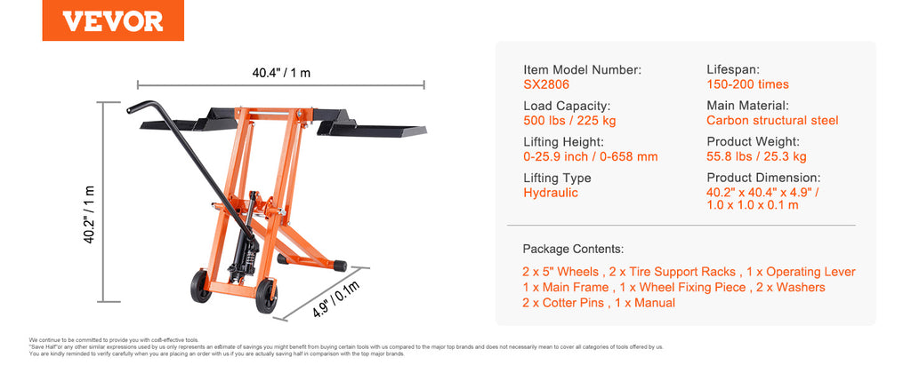 Lawn Mower Lift with Hydraulic Jack, 500 Lbs Weight Capacity, Solid Carbon Steel Lawn Mower Lift, Adjustable Movable Lawn Lifter for Riding Tractors and Zero Turn Lawn Mowers, Orange