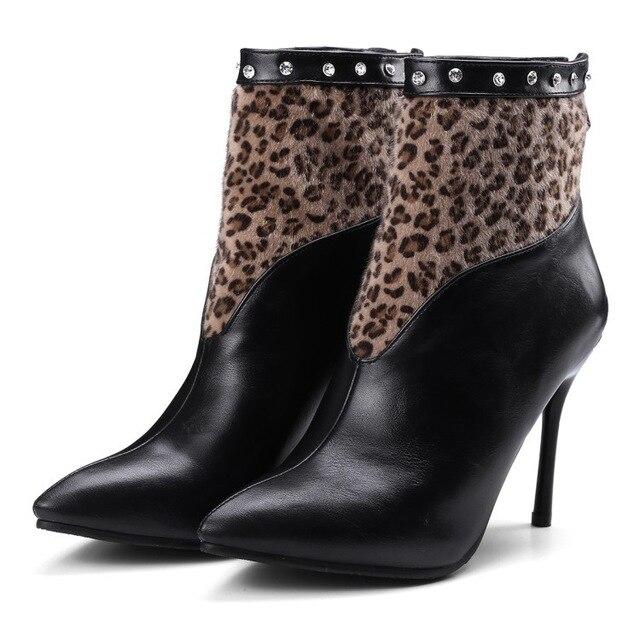Womens Leopard Rivet Pointed Toe High-Heel Ankle Boots
