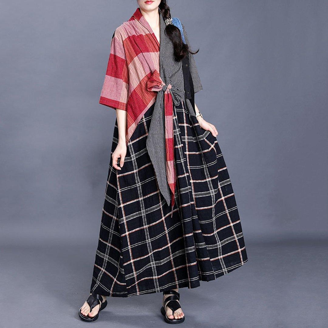 SALE V-Neck Plaid Maxi Dress With Tie Front
