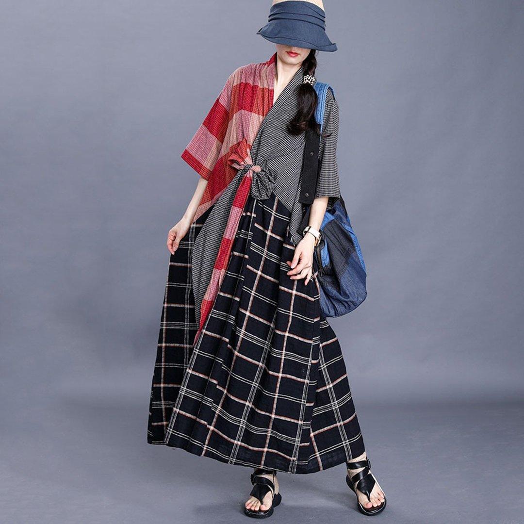 SALE V-Neck Plaid Maxi Dress With Tie Front