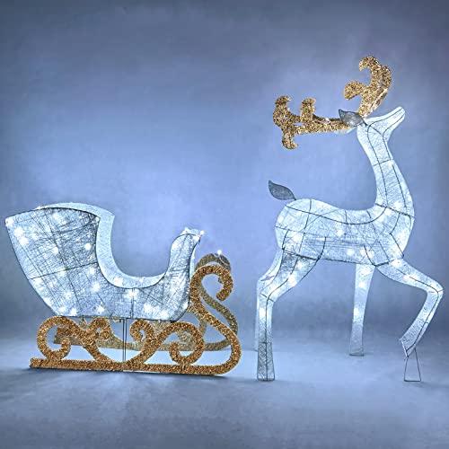 Joiedomi 2 Packs Cotton Reindeers, Sleigh LED Cool White Yard Lights for Christmas Winter Outdoor Decorations
