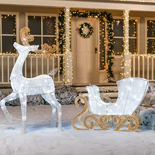 Joiedomi 2 Packs Cotton Reindeers, Sleigh LED Cool White Yard Lights for Christmas Winter Outdoor Decorations