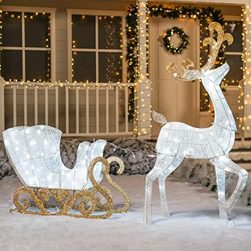 Joiedomi 2 Packs Cotton Reindeers, Sleigh LED Cool White Yard Lights for Christmas Winter Outdoor Decorations