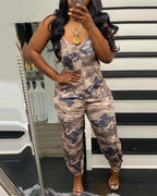 camouflage print pocket design sleeveless jumpsuit