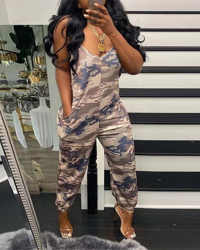 camouflage print pocket design sleeveless jumpsuit