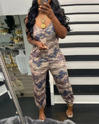 camouflage print pocket design sleeveless jumpsuit