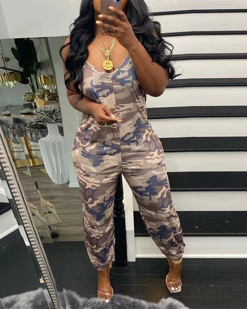 camouflage print pocket design sleeveless jumpsuit
