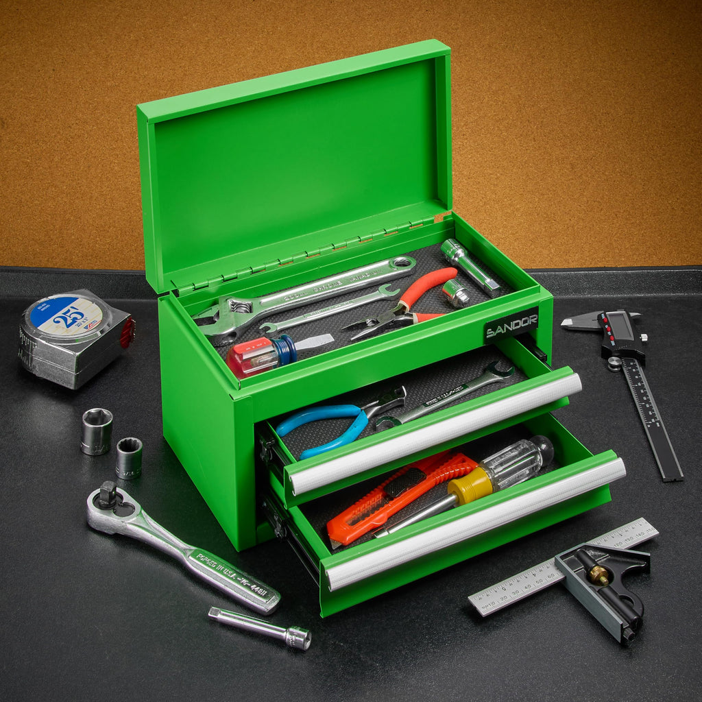 Mini Tool Box - Metal Tool Chest with 2 Drawers & PVC Drawer Liners for Workbench or Desk, Powder-Coated Steel Small Toolbox - Multi-Purpose Storafor Machinists Tools, DIY, 3D Printer Parts - Green