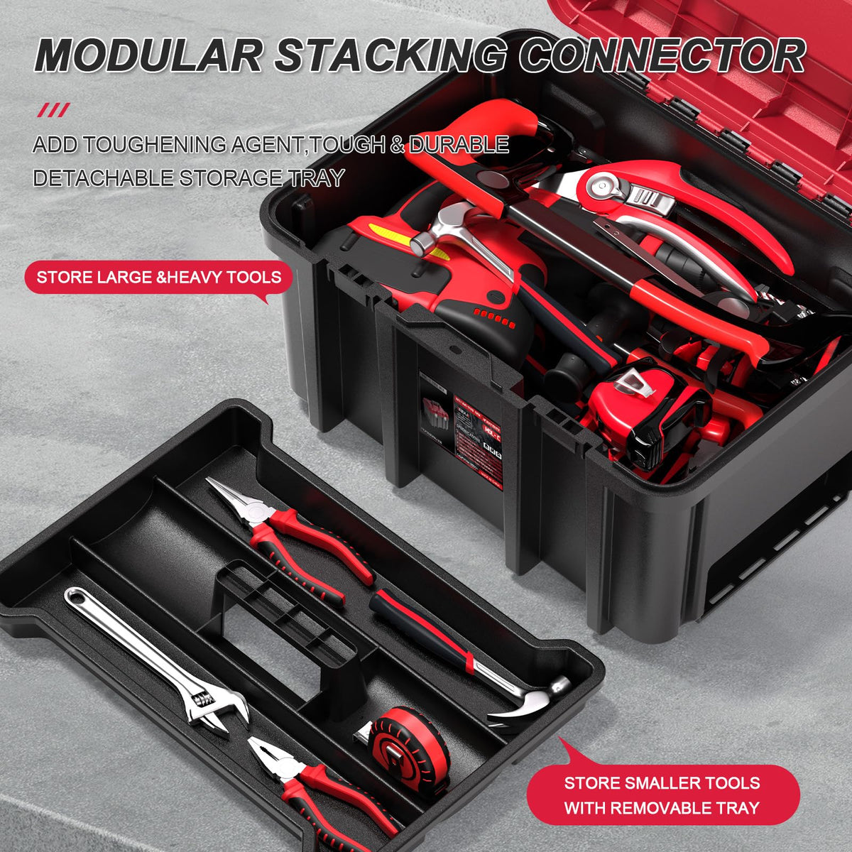 3-in-1 Rolling Tool Box with Wheels,Stackable Modular Tool Organizer System,17" Portable Waterproof Toolbox on Wheels for Garage,Mechanics and Home Repair (Red-Black)