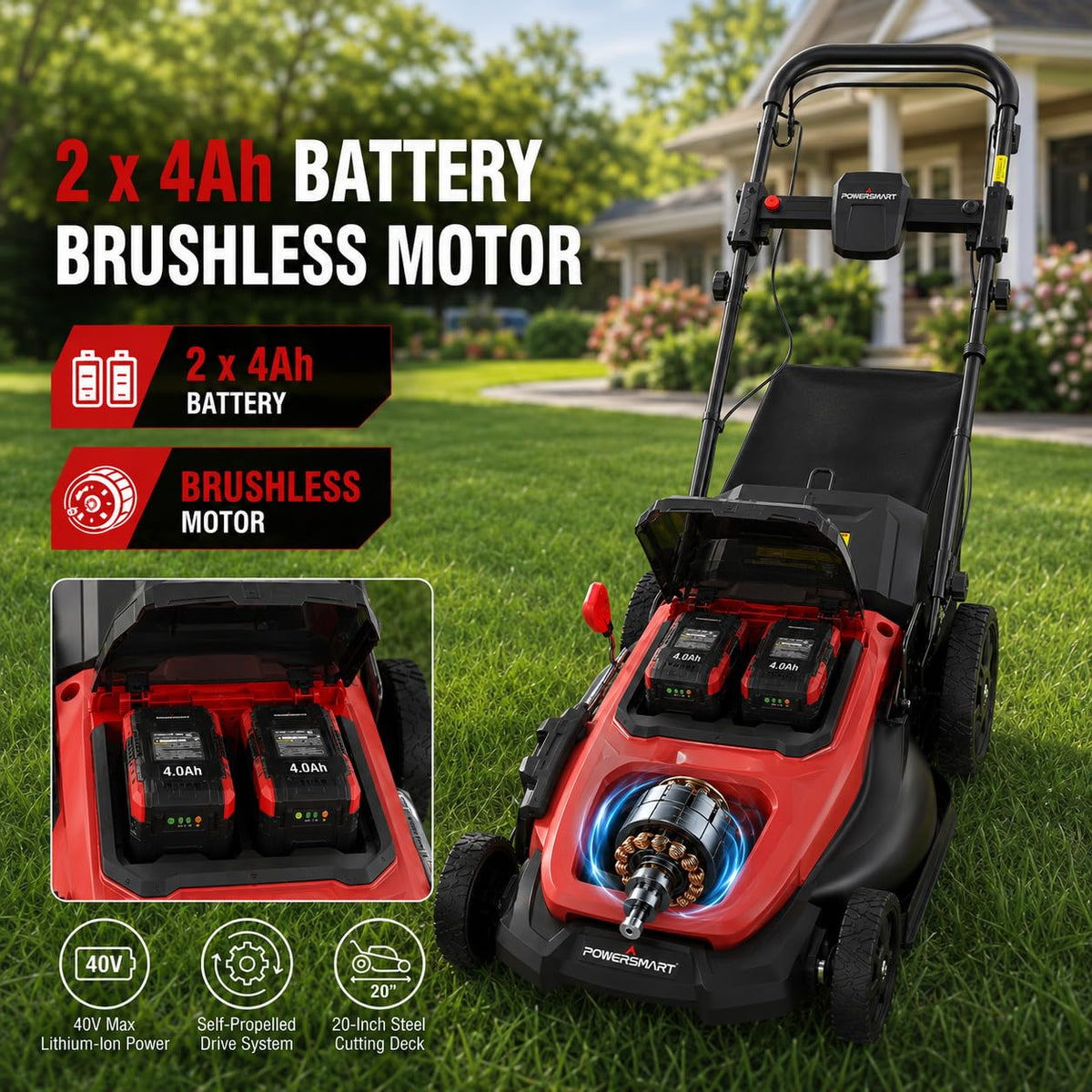 20" Self Propelled Cordless Lawn Mower,40V 2x4.0 Ah Battery Lawn Mower with Dual Battery Slots &amp; Steel Deck, 3-in-1 Walk-Behind Mower (Bagging/Mulching), Space Saving Foldable