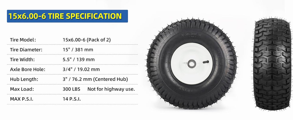15x6.00-6 Rubber Lawn Mower Tire and Wheel, 2 Pcs Replacement 15x6-6nhs Riding Mowers Lawn Tire and Wheel with Bearing Bore 3/4", 3" Centered Hub