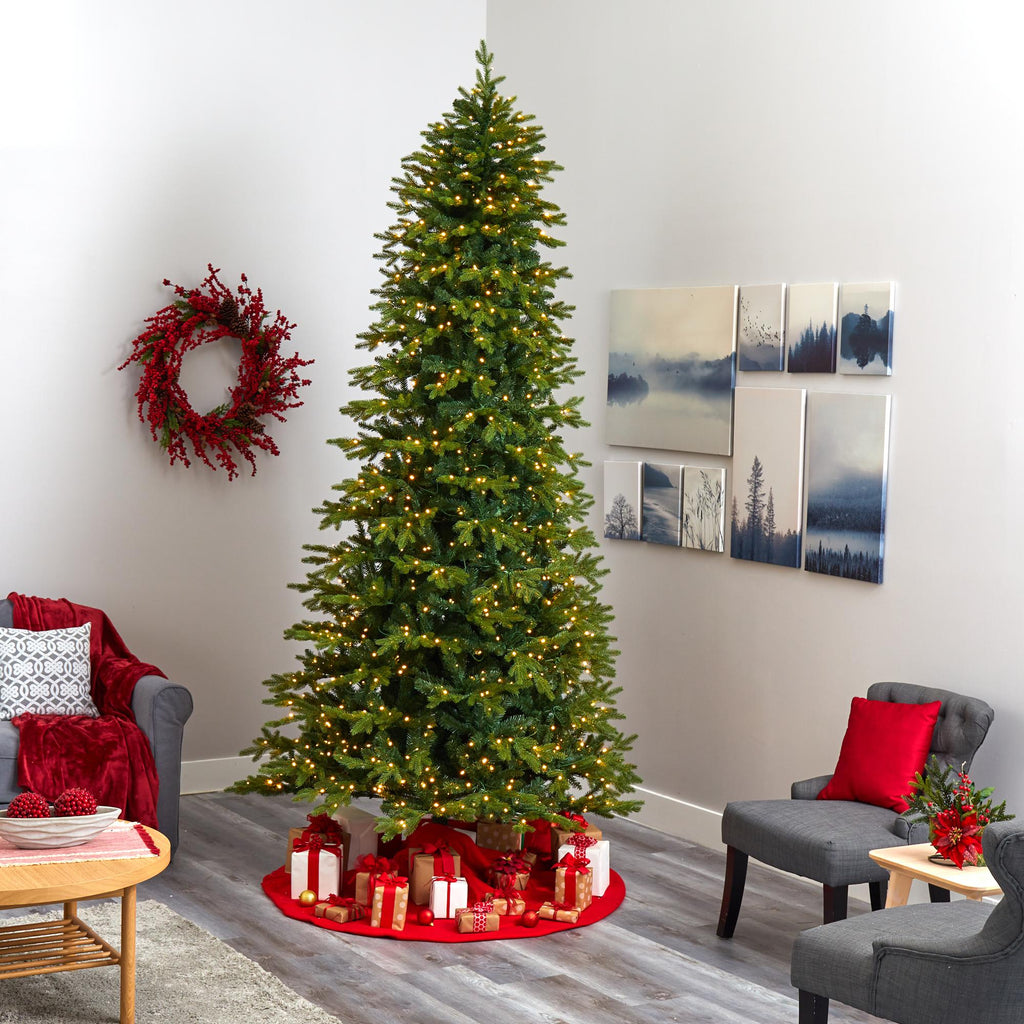 Nearly Natural 10' Green Holiday Fir Artifical Christmas Tree Prelit 1050 Clear LED Lights