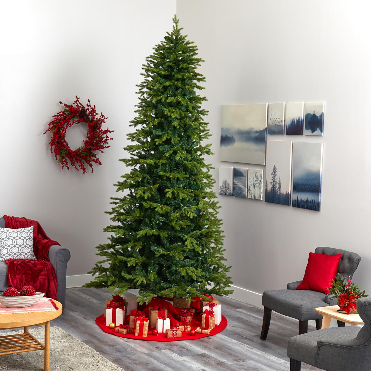 Nearly Natural 10' Green Holiday Fir Artifical Christmas Tree Prelit 1050 Clear LED Lights