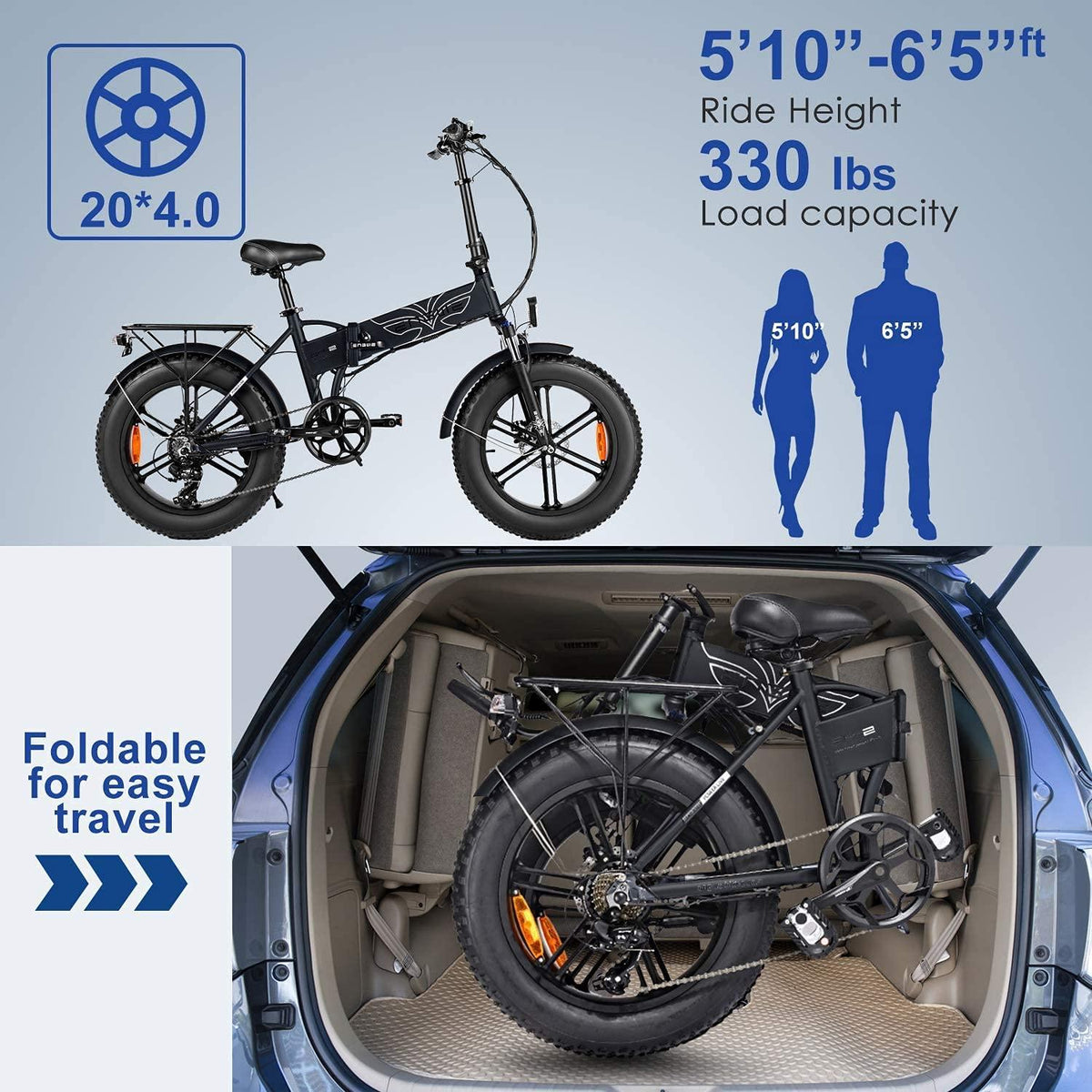 ENGWE 750W 500W Folding Electric Bike for Adults 20" 4.0 Fat Tire Mountain Beach Snow Bicycles Aluminum Electric Scooter 7 Speed Gear E-Bike with Detachable Lithium Battery 48V12.8A Up to 28MPH