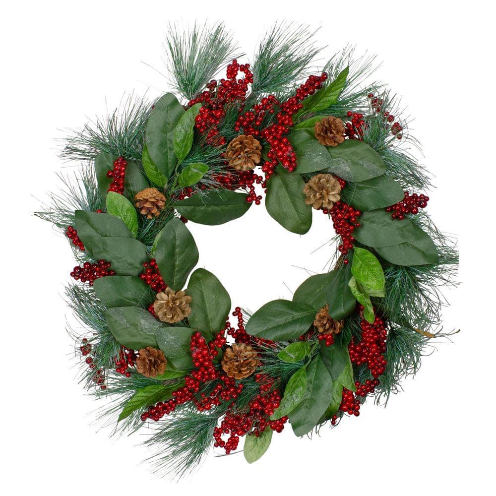 24 in. Unlit Leaves Berry and Pine Needle Artificial Christmas Wreath