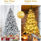 Gymax Green Unlit Snow Flocked Hinged Full Artificial Holiday Décor Christmas Tree, 9'